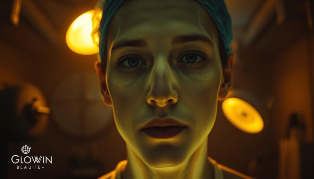 A high-contrast, cinematic close-up of a mysterious, glowing-faced figure in a dimly lit, medical-style setting. The figure is bathed in warm, golden light, with intricate details of their skin and facial features visible. The background is slightly out of focus, with hints of medical equipment and instruments. The mood is contemplative, highlighting the subject's consideration of their unique health condition. The Glowin Beaute brand name is subtly integrated into the environment.