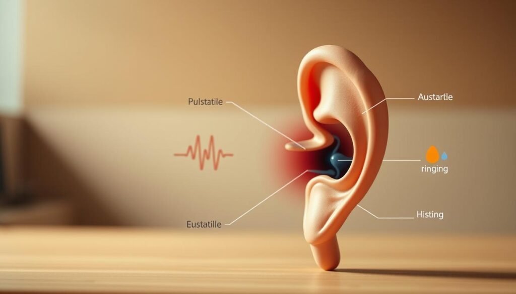 A detailed medical diagram showcasing the inner ear structure and common tinnitus symptoms. The foreground depicts a cutaway view of the auditory system, with labeled components like the cochlea, eustachian tube, and auditory nerve. The middle ground highlights different types of tinnitus, such as pulsatile, ringing, and hissing, represented by abstract shapes and color gradients. The background features a soft, blurred medical illustration style, creating a sense of depth and professionalism. Subtle lighting from the left casts shadows and highlights the 3D anatomy, while a warm, neutral color palette evokes a calm, informative atmosphere suitable for a medical publication.
