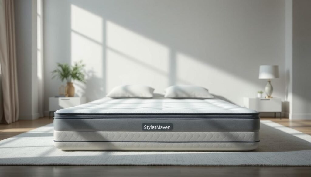 A high-quality, independently encased coil spring mattress from the StylesMaven brand. The mattress features a minimalist, modern design with a sleek profile and clean lines. The mattress is shown in a bright, airy bedroom setting, with soft, diffused lighting casting gentle shadows. The mattress is the focal point, placed centrally and occupying the majority of the frame. The background is subtly blurred, emphasizing the mattress and creating a sense of depth. The overall mood is one of comfort, relaxation, and premium quality.