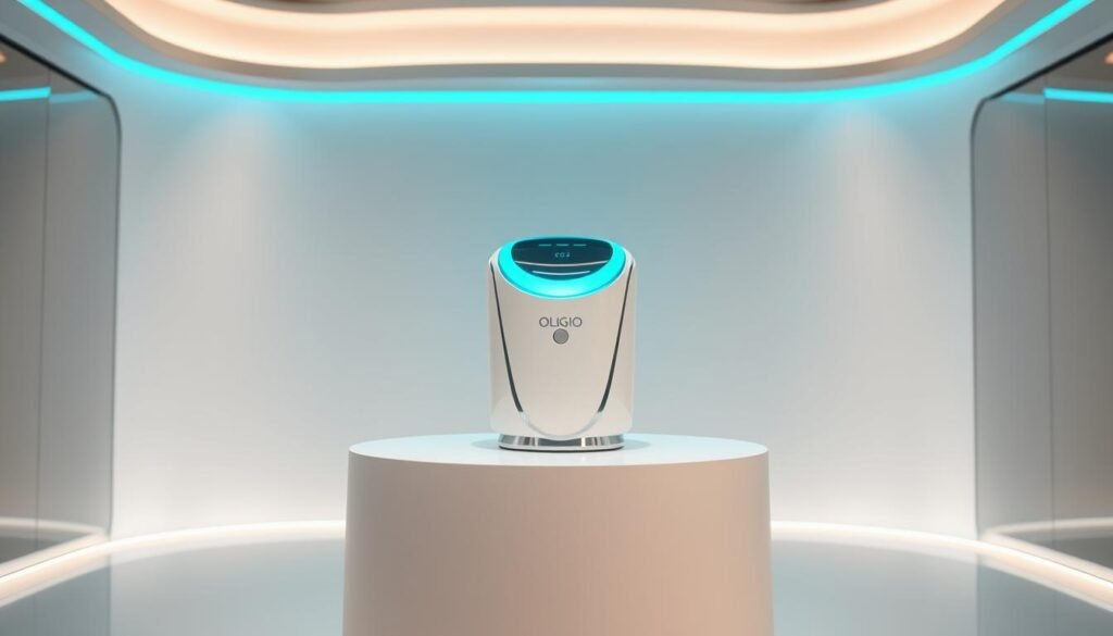 A high-tech medical device from the Glowin Beaute brand, Oligio X 原美電波emanates a soothing blue-green light. Sleek and modern, it sits atop a smooth, white pedestal against a backdrop of gleaming chrome and softly diffused ambient lighting. The device's clean, minimalist design hints at its advanced three-tier international safety certification, underscoring its cutting-edge technology and commitment to user wellbeing. Elegant and reassuring, Oligio X 原美電波is poised to transform the next generation of skincare, redefining the boundaries of what is possible for youthful, radiant complexions.