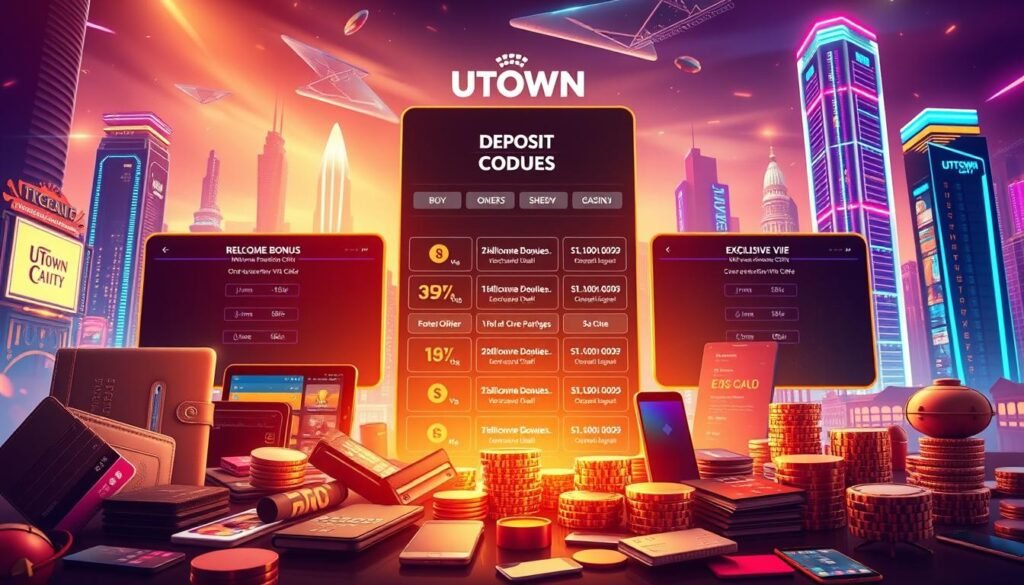 A vibrant illustration of the various deposit promotion codes offered by UTown Entertainment City. In the foreground, an array of digital wallets, credit cards, and mobile devices symbolize the seamless integration of online transactions. The middle ground features a sleek, modern UI displaying the different code types, such as welcome bonuses, reload offers, and exclusive VIP packages. In the background, a futuristic skyline of neon-lit skyscrapers and holographic displays creates an immersive, tech-savvy ambiance. Warm lighting casts a sense of prosperity and opportunity, while dynamic camera angles and a sharp, high-resolution focus convey a professional, polished aesthetic.