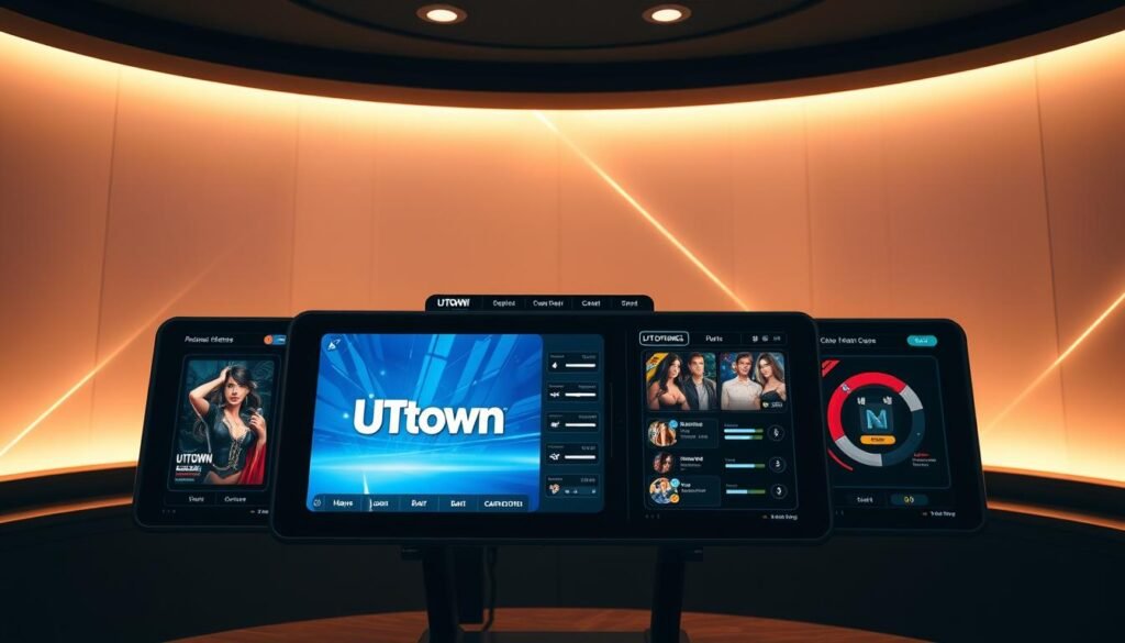 A contemporary electronic game interface with a sleek, minimalist design. The foreground features a vibrant, high-resolution display showcasing the UTown brand logo and game icons. The middle ground includes various interactive elements such as buttons, sliders, and menus, all with a clean, intuitive layout. The background incorporates subtle gradient patterns and geometric shapes, creating a sense of depth and sophistication. The overall scene is bathed in a warm, soft lighting, giving it a welcoming and immersive atmosphere. The composition is carefully balanced, drawing the viewer's attention to the key game interface components.