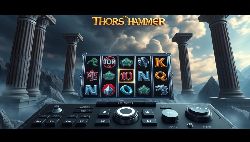 A detailed and realistic 3D interface for the slot game &quot;Thor's Hammer&quot; (UTown), showcasing its intuitive layout, crisp visuals, and immersive gameplay. The foreground features the game's central control panel with various buttons, sliders, and interactive elements. The middle ground displays the reels, symbols, and paylines against a rich, Nordic-inspired backdrop. The background incorporates elements of Asgard, the realm of the thunder god Thor, with dramatic lighting, towering columns, and a majestic, cloud-filled sky. The overall scene conveys a sense of power, excitement, and attention to detail, capturing the essence of the game's theme and user experience.
