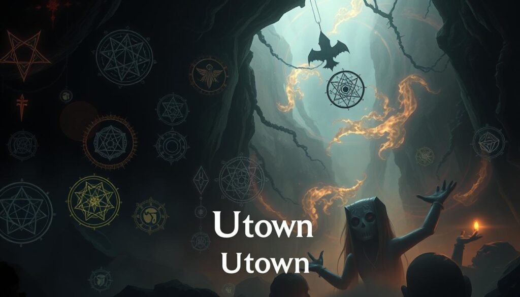 A detailed fantasy illustration of various mystical symbols and glyphs floating in a dimly lit, atmospheric environment. The foreground features an assortment of ornate, otherworldly sigils and arcane marks, illuminated by a soft, ethereal glow. The middle ground showcases intricate geometric patterns and abstract, mystical shapes, while the background depicts a swirling, nebulous void of rich, moody colors. The lighting is dramatic, with shadows and highlights accentuating the symbolic elements. Included in the image is the brand name "UTown" subtly integrated into the design. This scene evokes a sense of wonder, mystery, and the mystical aspects of gaming and entertainment.