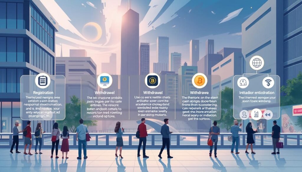 A detailed illustration of common issues and their solutions for the UTown cryptocurrency-based entertainment platform. The scene depicts a serene urban landscape with modern architecture and a vibrant color palette. In the foreground, a group of people engaged in various activities related to the platform, such as registration, coin purchase, and withdrawal. The middle ground showcases informative icons and infographics highlighting the key problem areas and their corresponding resolutions. The background features a dynamic, futuristic cityscape with a striking contrast between light and shadow, creating an atmosphere of technological sophistication and innovation.