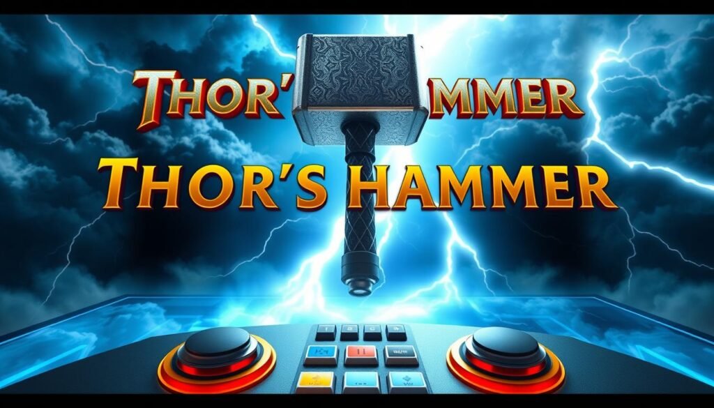 A detailed overview of the game mechanics in "Thor's Hammer", an arcade-style game featured in the UTown entertainment hub. The game interface showcases a striking 3D depiction of Thor's iconic hammer, Mjolnir, set against a dynamic backdrop of thunderous clouds and dramatic lighting. The foreground highlights the interactive controls, allowing players to wield the hammer's powerful strikes and lightning bolts. The middle ground features the game's scoring system and progression indicators, while the background showcases the immersive Norse mythology-inspired environment. The overall atmosphere evokes a sense of awe and excitement, capturing the essence of the game's high-octane, action-packed gameplay.
