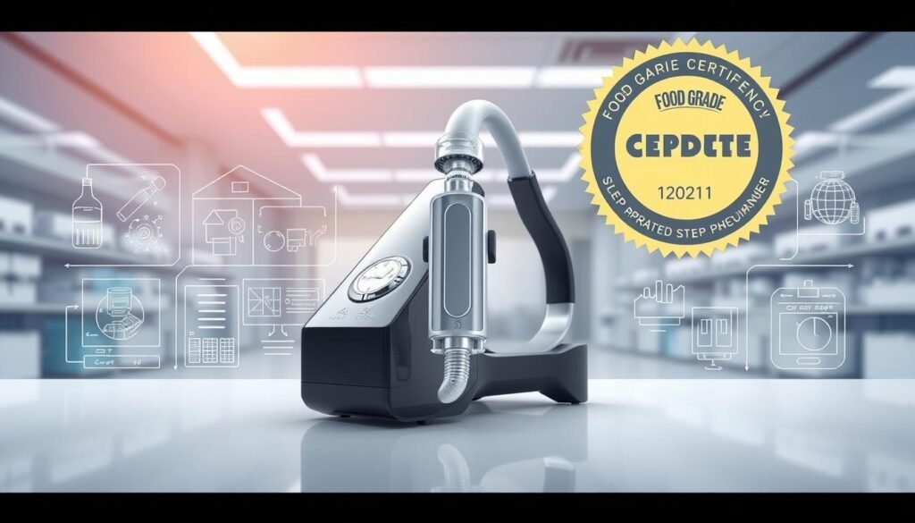 A high-quality, detailed illustration of the "iCareCPAP" sleep apnea device, highlighting its food-grade certification. The device is prominently displayed in the center, with a clean, clinical background. The foreground showcases the device's sleek, modern design, emphasizing its food-grade materials and construction. The middle ground features technical schematics and diagrams, providing context on the certification process and materials used. The background depicts a sterile, well-lit laboratory setting, conveying the rigor and precision of the certification. The overall mood is one of professionalism, reliability, and medical-grade standards, reflecting the importance of food-safe materials in sleep apnea equipment.