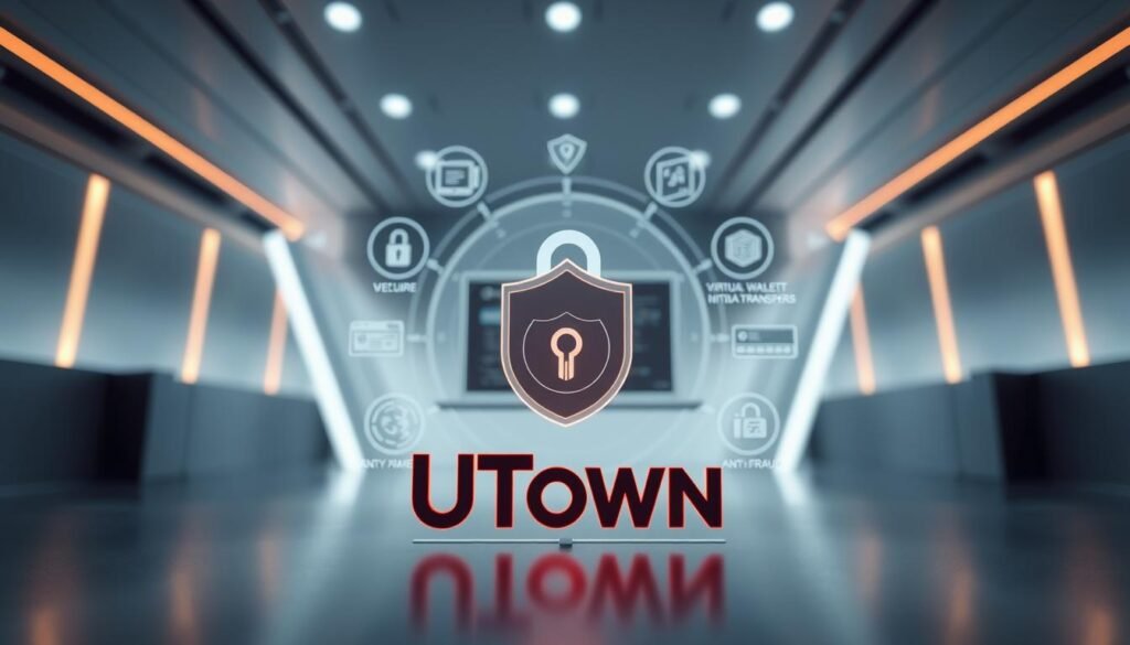 A highly detailed and visually striking image of the UTown USDT gaming platform, showcasing its robust security features. Set against a sleek, modern backdrop, the foreground depicts the UTown logo prominently displayed, with various security icons and indicators surrounding it, conveying a sense of trustworthiness and reliability. The middle ground features a secure transaction interface, with virtual wallets, encrypted data transfers, and anti-fraud measures illustrated. The background subtly incorporates blockchain-inspired geometric patterns, creating a cohesive and technologically advanced atmosphere. Soft, directional lighting enhances the polished, premium aesthetic, while a shallow depth of field draws the viewer's focus to the key security elements. The overall composition conveys the UTown USDT gaming platform's commitment to safeguarding user funds and personal information.