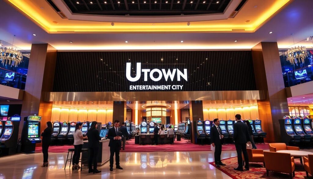 A modern and vibrant gaming establishment, UTown Entertainment City, with an inviting atmosphere and state-of-the-art facilities. The sleek and contemporary lobby is filled with warm lighting, creating a welcoming ambiance for visitors. In the foreground, a team of attentive customer service representatives, dressed in professional attire, are ready to assist players with any inquiries or concerns. The middle ground showcases the diverse range of gaming options, from interactive video screens to comfortable seating areas. In the background, the impressive architectural design of the building, with its clean lines and elegant details, sets the stage for an exceptional entertainment experience.
