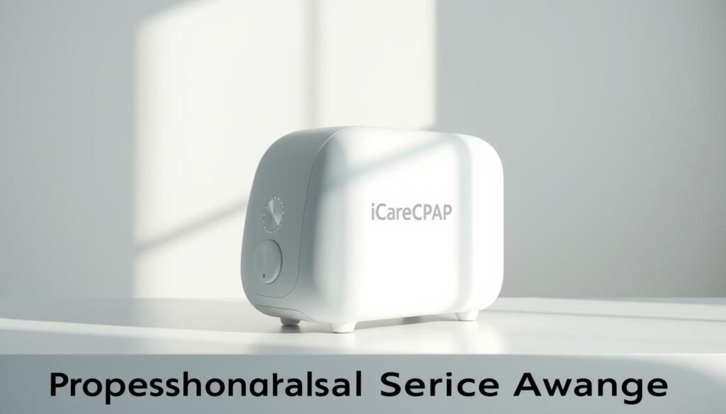 A modern, minimalist medical device with a sleek, curved design. The iCareCPAP machine sits atop a clean, white surface, bathed in soft, natural lighting that accentuates its smooth, matte finish. The device features the "Food Safety Certified" seal prominently displayed, underscoring its high-quality, professional-grade construction. The background is a serene, muted palette, allowing the device to take center stage and convey a sense of reliability, safety, and medical expertise. The overall composition exudes a sense of trust, quality, and technological advancement, perfectly aligning with the "Professional Service Advantages" of the Yalian Respiratory Center.