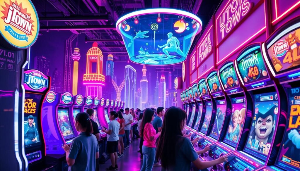 A neon-lit arcade setting, with rows of gleaming UTown gaming cabinets against a backdrop of futuristic cityscape. Vibrant holograms and holographic displays hover above the machines, showcasing the latest jili電子遊戲技巧 and high scores. Gamers of all ages immerse themselves in the action, their faces illuminated by the screens as they navigate complex levels and unlock new abilities. Ambient lighting casts a warm, inviting glow, creating an atmosphere of excitement and friendly competition. The scene is captured with a wide-angle lens, highlighting the scale and energy of this jili電子遊戲技巧 arcade paradise.