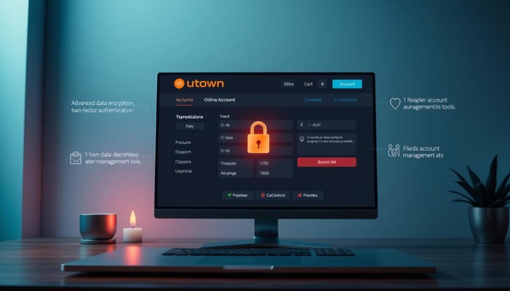 A secure and user-friendly online account interface for the UTown Entertainment City, showcasing advanced data encryption, two-factor authentication, and seamless account management tools. The scene depicts a sleek, minimalist desktop or mobile application display, with clean lines, intuitive navigation, and discreet security indicators conveying a sense of trust and reliability. Soft lighting creates a calming atmosphere, while subtle details like padlock icons and transaction logs underscore the platform's commitment to safeguarding player data and privacy. The overall impression is one of a sophisticated, trustworthy, and customer-centric digital experience.