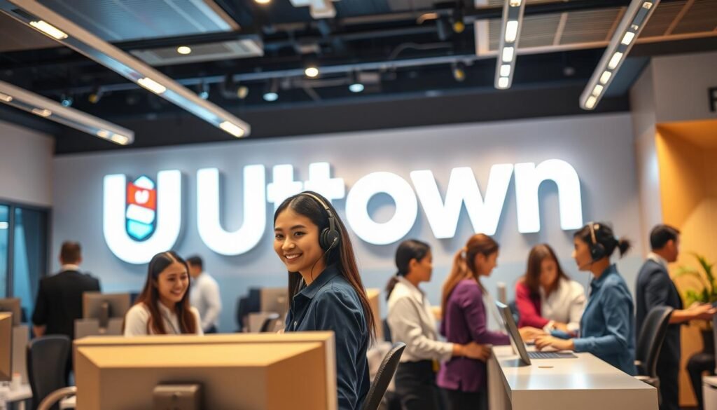 A vibrant and dynamic scene showcasing the UTown entertainment city's customer support service. The foreground features a team of friendly and attentive customer service representatives, dressed in professional attire, eagerly assisting a diverse group of customers. The middle ground captures the bustling atmosphere of the service center, with modern workstations and sleek, minimalist decor. In the background, a large, illuminated signage reading "UTown" sets the scene, conveying the brand's prominence and commitment to exceptional customer care. Warm lighting, clean lines, and an overall sense of efficiency and responsiveness permeate the image, reflecting the high-quality service that has earned UTown's customer support a sterling reputation.