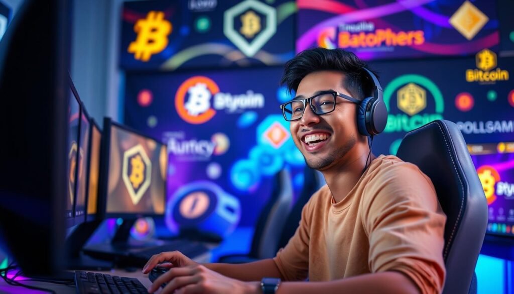 Generate an image of a person happily playing games on a computer with a big smile, surrounded by various cryptocurrency logos and promotional banners.