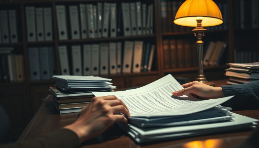 A dimly lit office setting, showcasing a wooden desk with stacks of documents and a retro-style desk lamp casting a warm glow. In the foreground, a person's hands are carefully reviewing loan application forms, conveying the meticulous process of evaluating alternative lending options. The background features a bookshelf filled with financial records, hinting at the depth of knowledge and expertise required to navigate the complex world of private lending. Soft shadows and a muted color palette evoke a sense of seriousness and professionalism, capturing the gravity of the decision-making involved in recommending the right private loan solution.