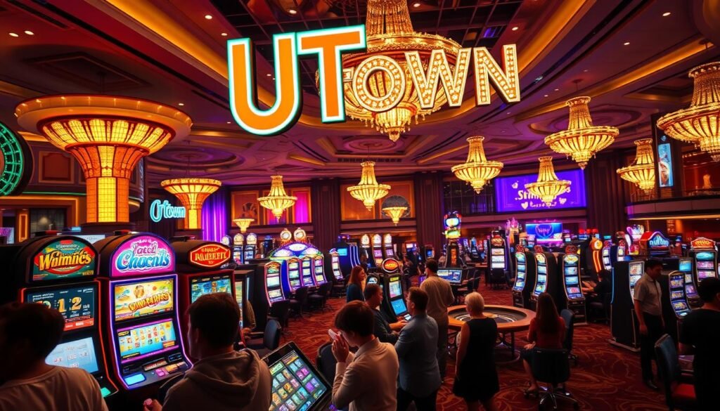 A lavish and captivating casino scene featuring a large neon sign reading "UTown" in bold, vibrant letters. In the foreground, several people are immersed in a variety of cutting-edge electronic games, their faces illuminated by the colorful, high-resolution displays. The middle ground showcases a range of slot machines, roulette tables, and other popular casino attractions, all exuding an air of luxury and excitement. In the background, a panoramic view of the casino's opulent interior, with grand chandeliers, ornate furnishings, and a sense of sophisticated elegance. The lighting is warm and inviting, creating a welcoming atmosphere for the players. The overall scene captures the essence of a premier, high-end casino experience.