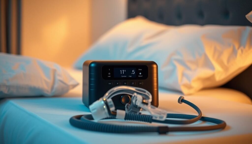 A sleek and modern iCareCPAP sleep apnea machine rests on a bedside table, its matte black body and minimalist design blending seamlessly into the serene bedroom setting. Soft, indirect lighting casts a warm glow, creating a calming and therapeutic atmosphere. The device's clean lines and intuitive control panel convey its advanced functionality, while its compact size suggests its portability and ease of use. In the foreground, the machine's air hose and nasal mask sit ready, hinting at the machine's key role in providing comfortable, uninterrupted breathing during sleep. The overall scene exudes a sense of medical efficiency and personal wellness, setting the stage for a detailed exploration of the basic features and benefits of this essential sleep therapy device.