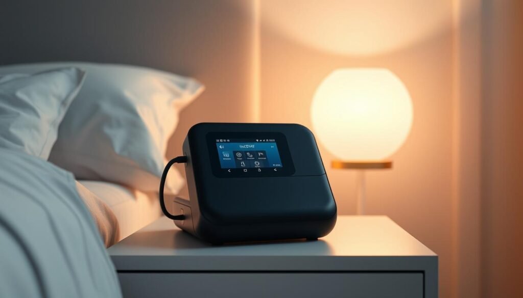 A sleek, modern iCareCPAP device rests on a minimalist bedside table, its clean lines and matte black finish standing out against the soft, neutral-toned bedroom decor. Subtle ambient lighting casts a warm, calming glow, creating an atmosphere of relaxation and comfort. The device is positioned prominently, highlighting its central role in the sleep apnea treatment process. The overall scene conveys a sense of thoughtful, well-designed medical technology seamlessly integrated into a peaceful, sleep-inducing environment.