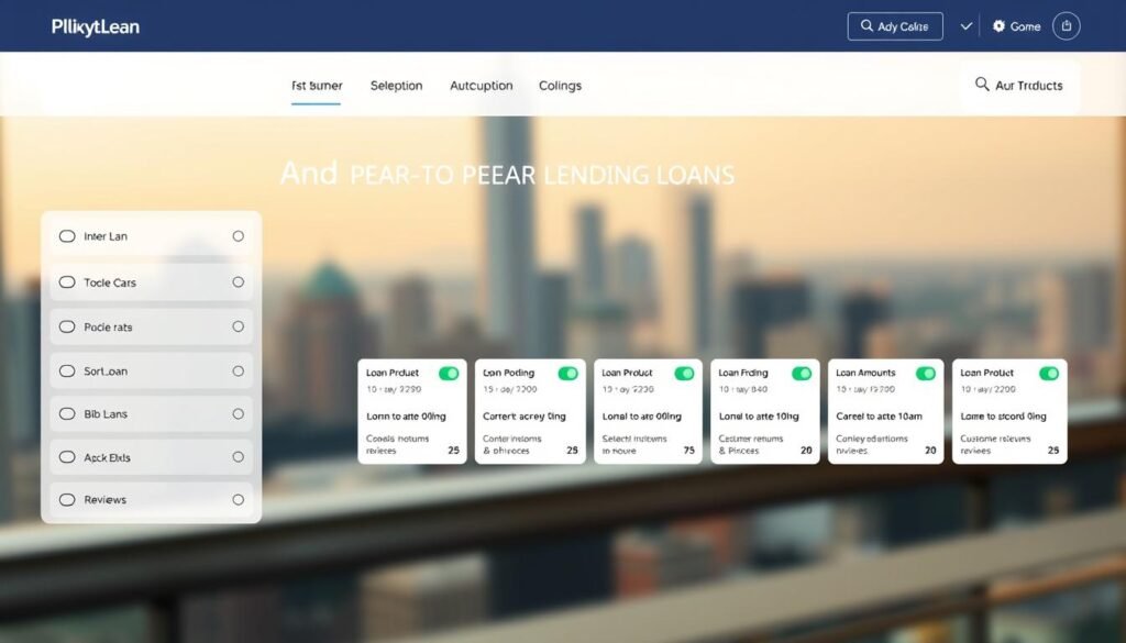 A sleek, modern web interface showcasing a comparison of various peer-to-peer lending platforms. The foreground features clean, minimalist UI elements like cards, buttons, and toggle switches, allowing users to easily filter and sort loan options. The middle ground displays a grid of loan product thumbnails with key details like interest rates, loan amounts, and customer reviews. In the background, a soft gradient or blurred cityscape creates a professional, trustworthy atmosphere. Warm, diffused lighting illuminates the scene, with a subtle depth of field effect guiding the viewer's attention. The overall impression is one of a reliable, user-friendly resource for researching and selecting the right private loan solution.
