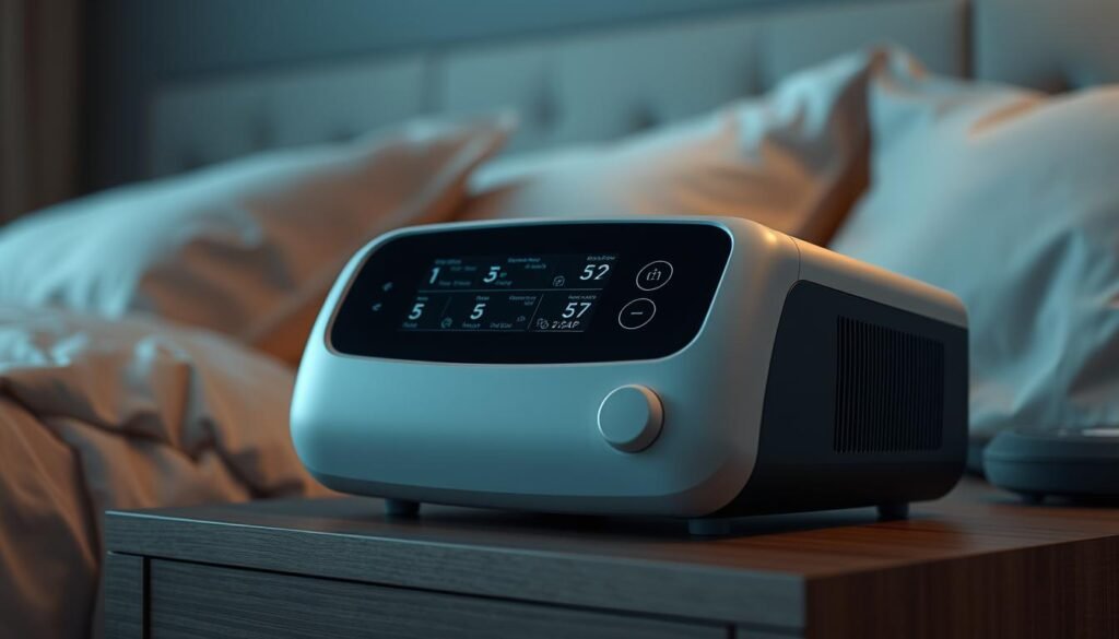 A high-quality, modern iCareCPAP sleep apnea machine resting on a wooden nightstand. The device features a sleek, minimalist design with a large digital display showcasing key settings and metrics. Soft, ambient lighting illuminates the device, creating a calming, therapeutic atmosphere. In the background, a serene bedroom scene with muted colors and textures, hinting at the importance of a well-designed sleep environment. The iCareCPAP machine is the focal point, subtly conveying its essential role in the treatment of sleep apnea and the enhancement of overall sleep quality.