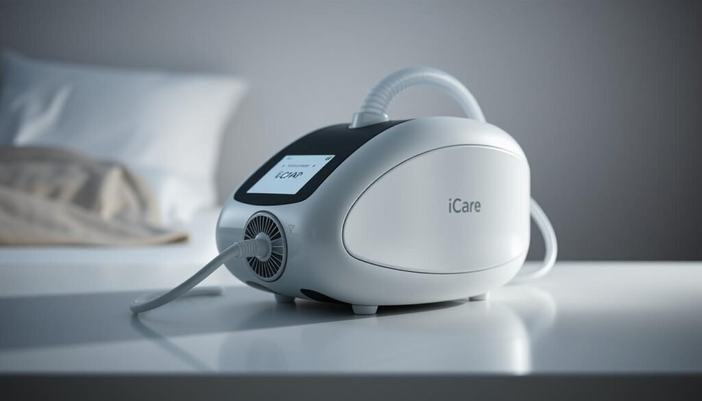 A modern, sleek iCareCPAP machine, its curved design and minimalist control panel prominently displayed on a clean, white surface. Soft, indirect lighting bathes the device, highlighting its high-tech aesthetic. The machine's air intake and tubing are visible, conveying its essential function in facilitating comfortable, restful sleep. The background is slightly blurred, keeping the focus on the device's form and features, showcasing its suitability as a medical-grade sleep apnea treatment option. The overall mood is one of streamlined efficiency and technological sophistication, reflecting the importance of selecting the right CPAP machine for effective sleep therapy.