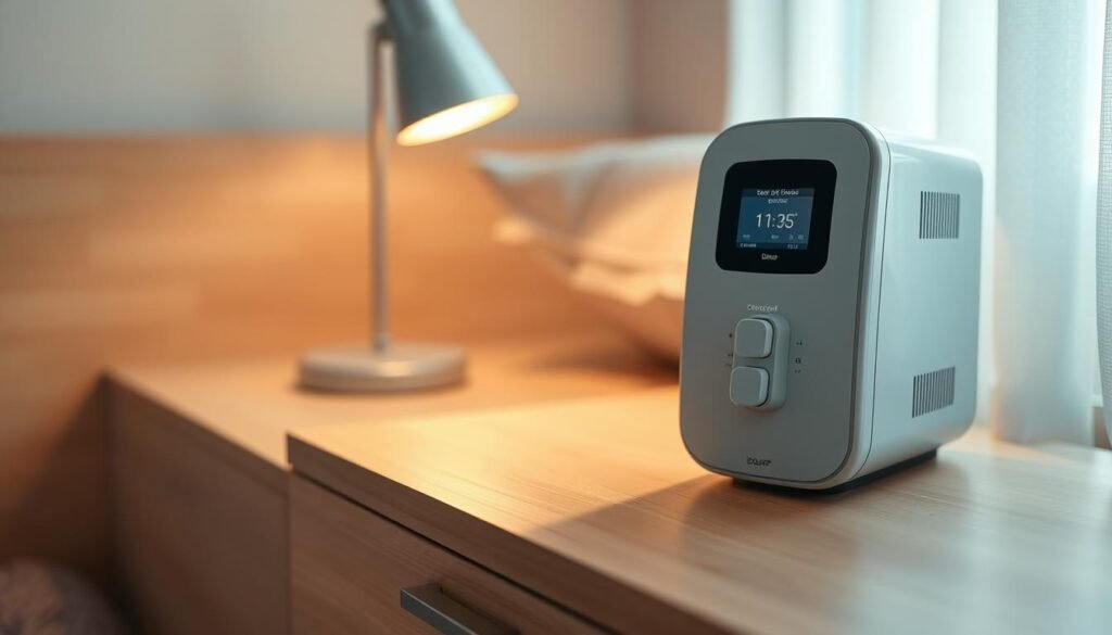 A sleek, modern design of an iCareCPAP sleep apnea machine positioned on a clean, minimalist wooden nightstand. The device is in the foreground, illuminated by soft, warm lighting that casts gentle shadows. The background is blurred, suggesting a peaceful, serene bedroom environment. The machine's controls and interfaces are clearly visible, highlighting its user-friendly design. The overall composition conveys a sense of efficiency, comfort, and ease of use for the sleep apnea patient.